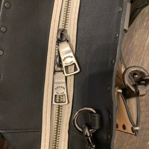 Coach Studded Satchel Bag Black White Tan Leather Hardware Logo Detail - Picture 4 of 9